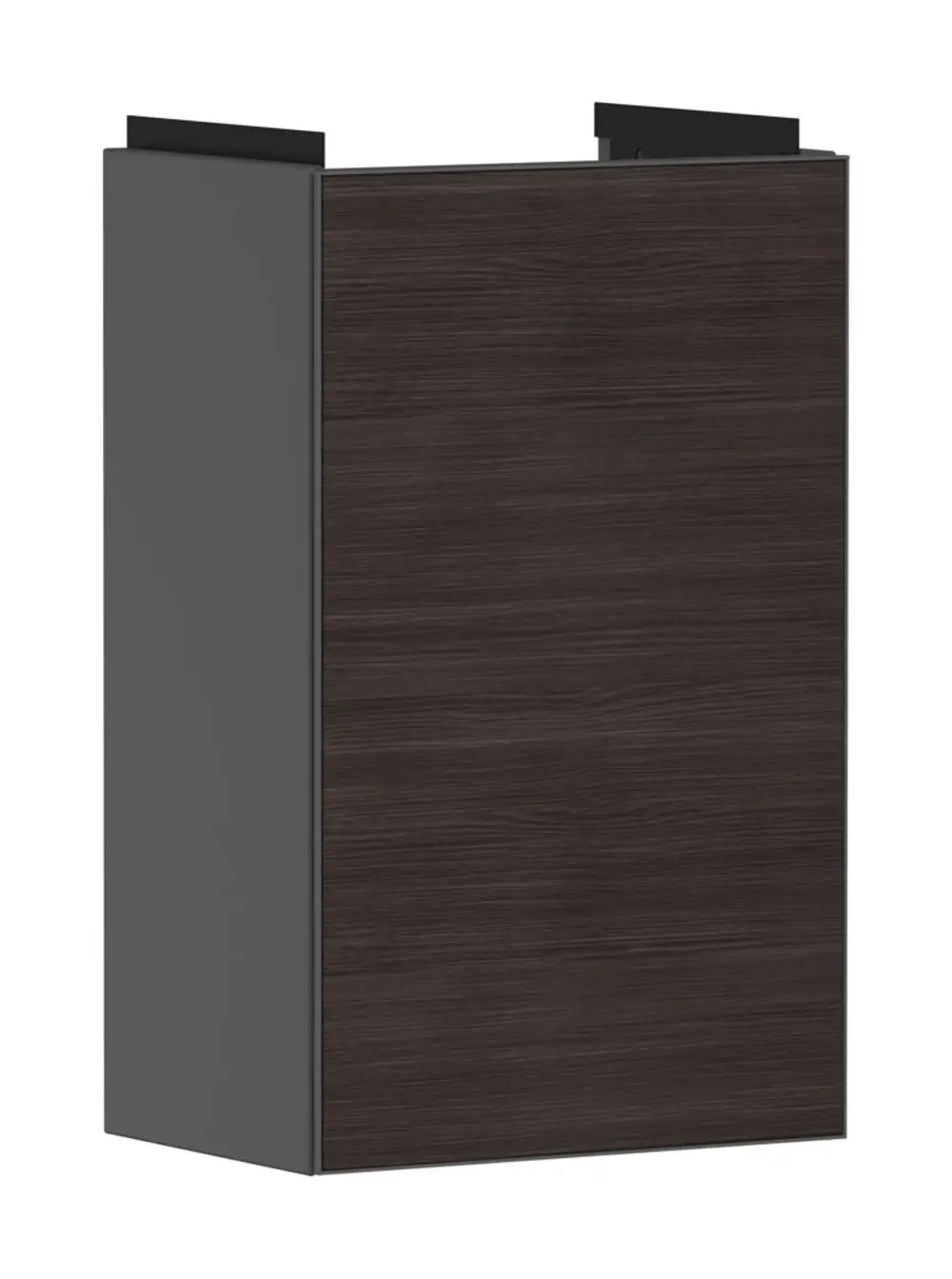 Hansgrohe Waschtischunterschrank in schiefergrau, mit einer glatten Oberfläche und Türanschlag links, geeignet für ein Handwaschbecken.